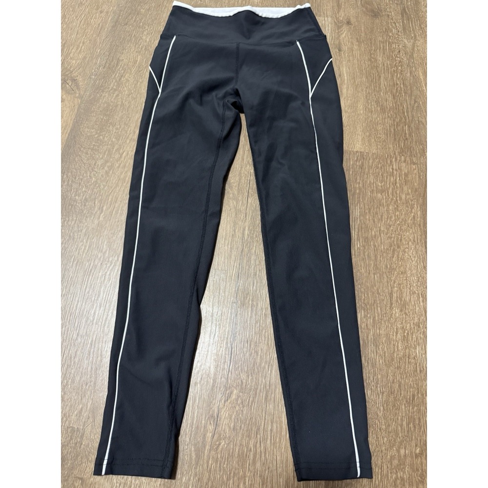 Wilo the Label Women's Ribbed Leggings Ruched Leg Black White Stripe 7/8 Size S